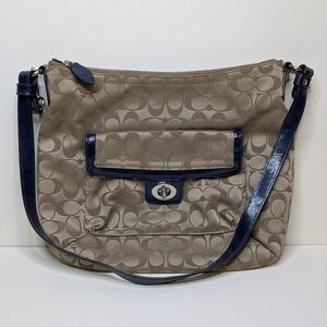 Coach Gold Signature Sateen Carly Hobo Shoulder Bag Blue Trim F19232